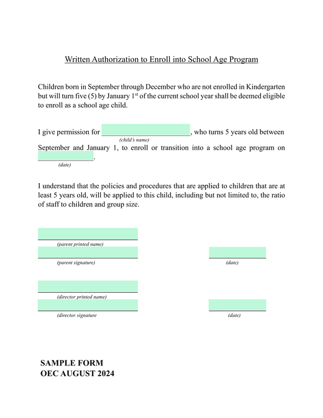 Written Authorization To Enroll Into School Age Program screenshot