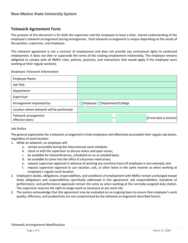 Telework Agreement Form screenshot