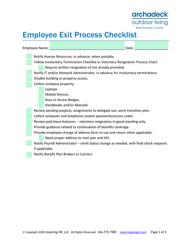 Employee Exit Process Checklist screenshot