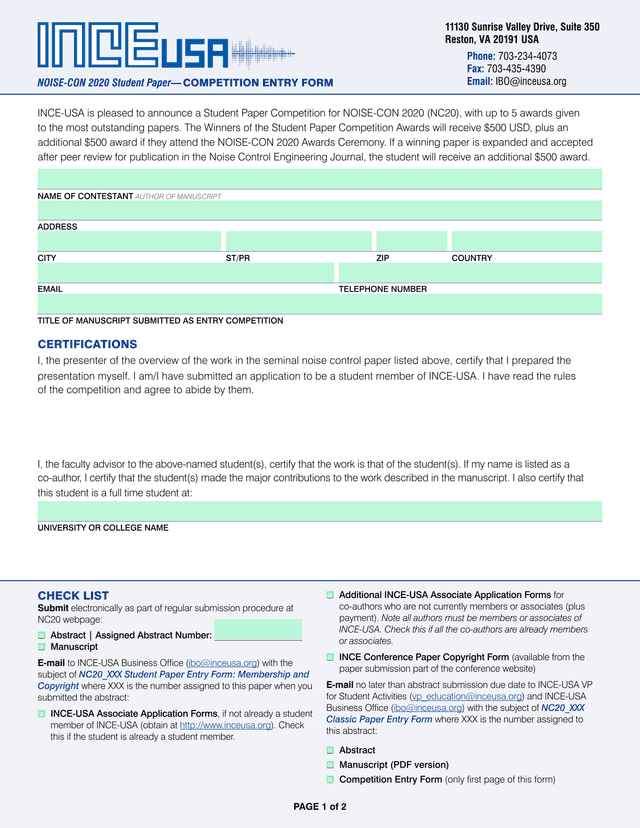 Student Paper Competition Entry Form screenshot