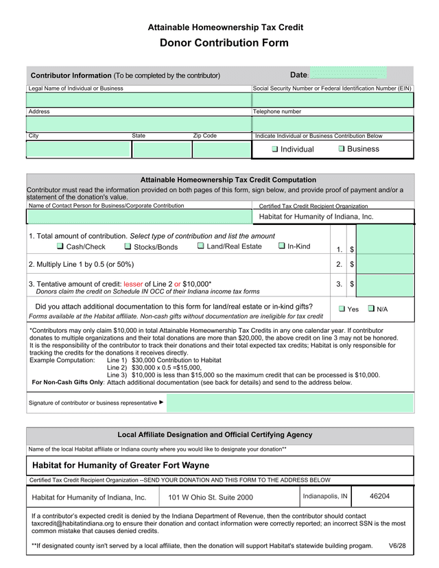Attainable Homeownership Tax Credit Donor Contribution Form screenshot