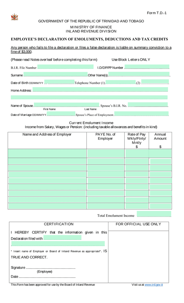 EmployeeS Declaration Of Emoluments, Deductions And Tax Credits (Form T.D. 1) screenshot