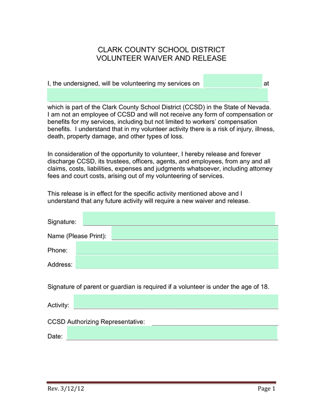 CLARK COUNTY SCHOOL DISTRICT VOLUNTEER WAIVER AND RELEASE screenshot