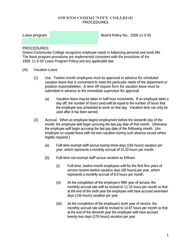 Leave Program Procedures screenshot