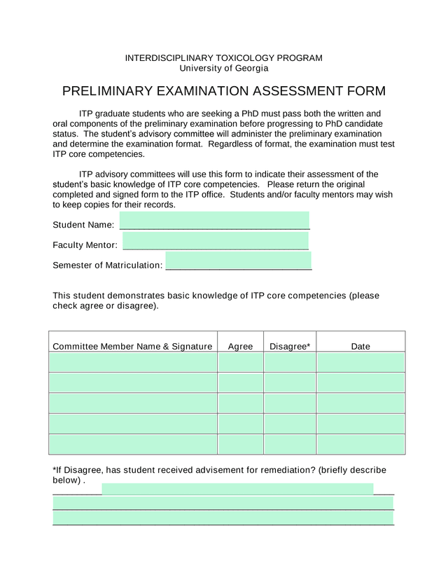 Preliminary Examination Assessment Form screenshot