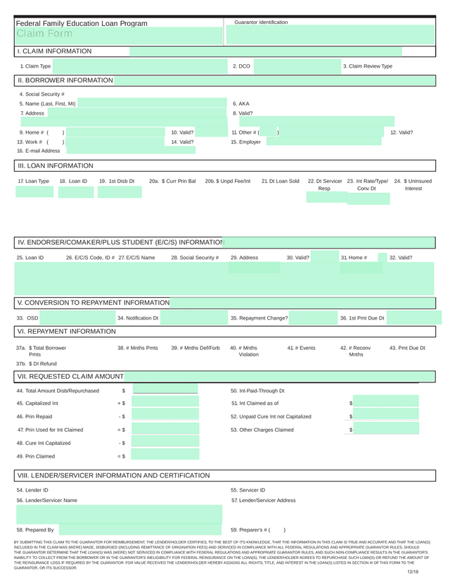 Federal Family Education Loan Program Claim Form screenshot