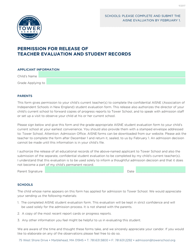 Permission For Release Of Teacher Evaluation And Student Records screenshot