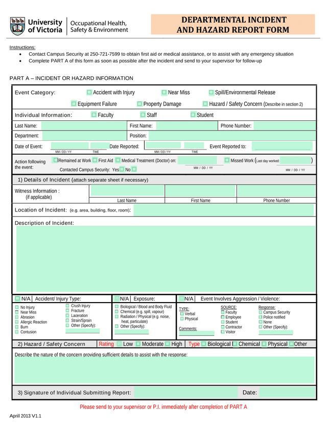 DEPARTMENTAL INCIDENT AND HAZARD REPORT FORM screenshot