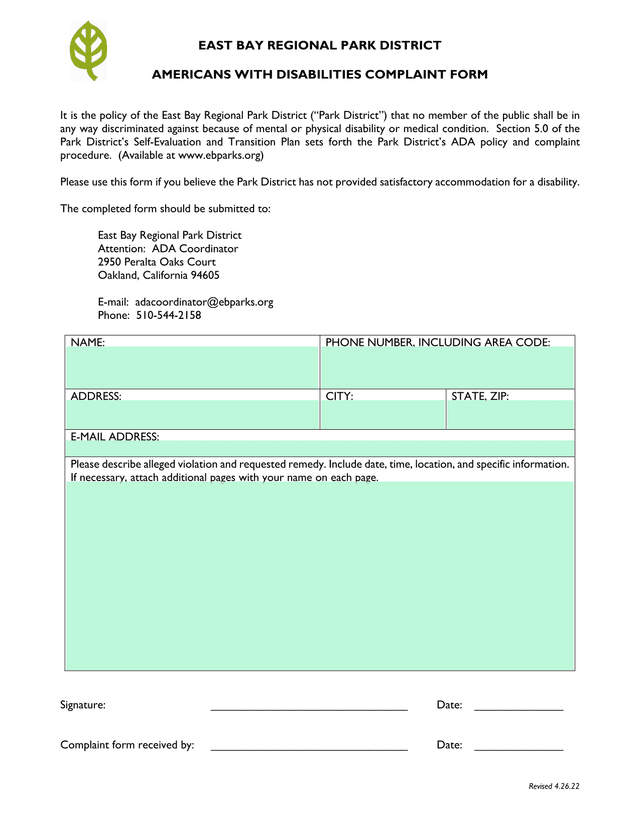 Americans With Disabilities Complaint Form screenshot