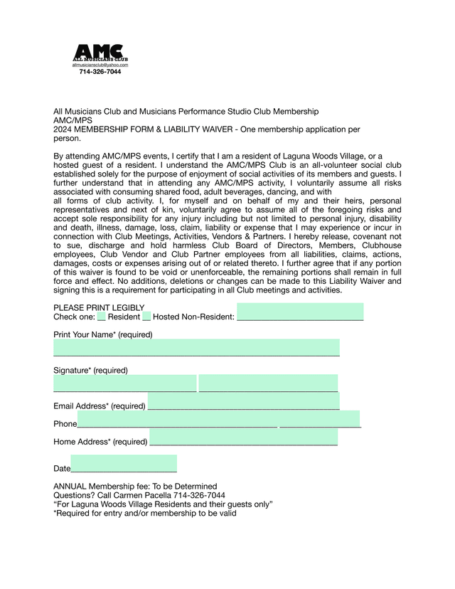 All Musicians Club And Musicians Performance Studio Club Membership Form screenshot