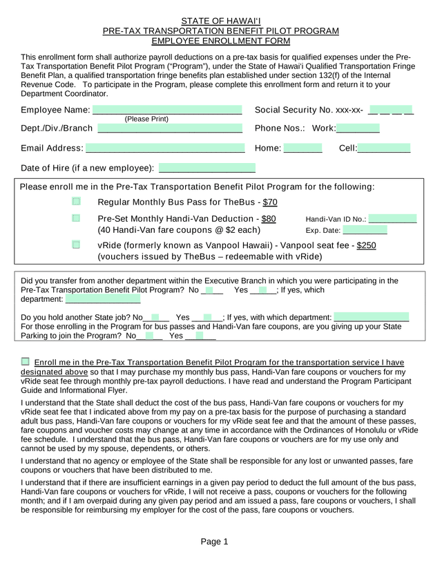 PRE TAX TRANSPORTATION BENEFIT PILOT PROGRAM EMPLOYEE ENROLLMENT FORM screenshot