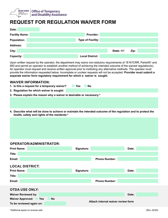 REQUEST FOR REGULATION WAIVER FORM screenshot