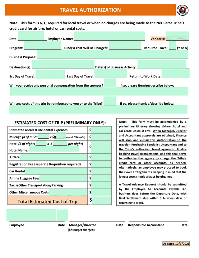 TRAVEL AUTHORIZATION screenshot