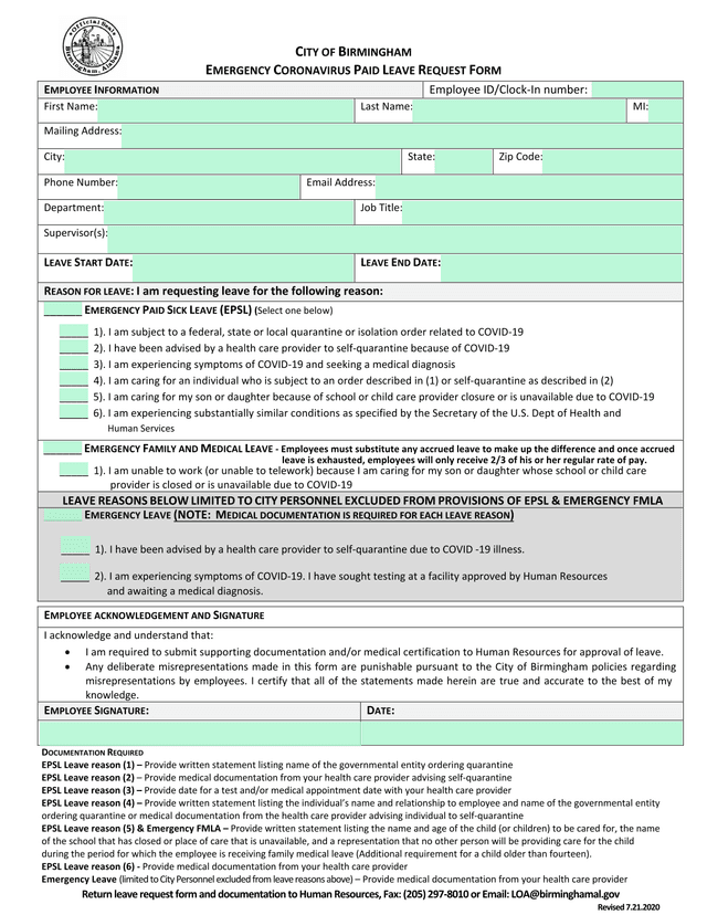 Emergency Coronavirus Paid Leave Request Form screenshot