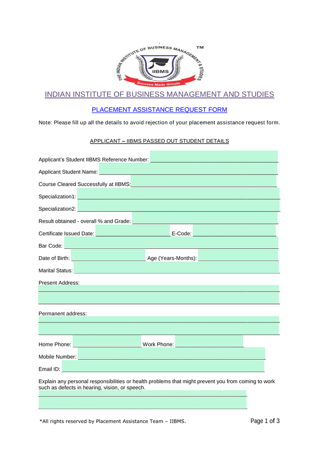 Placement Assistance Request Form screenshot
