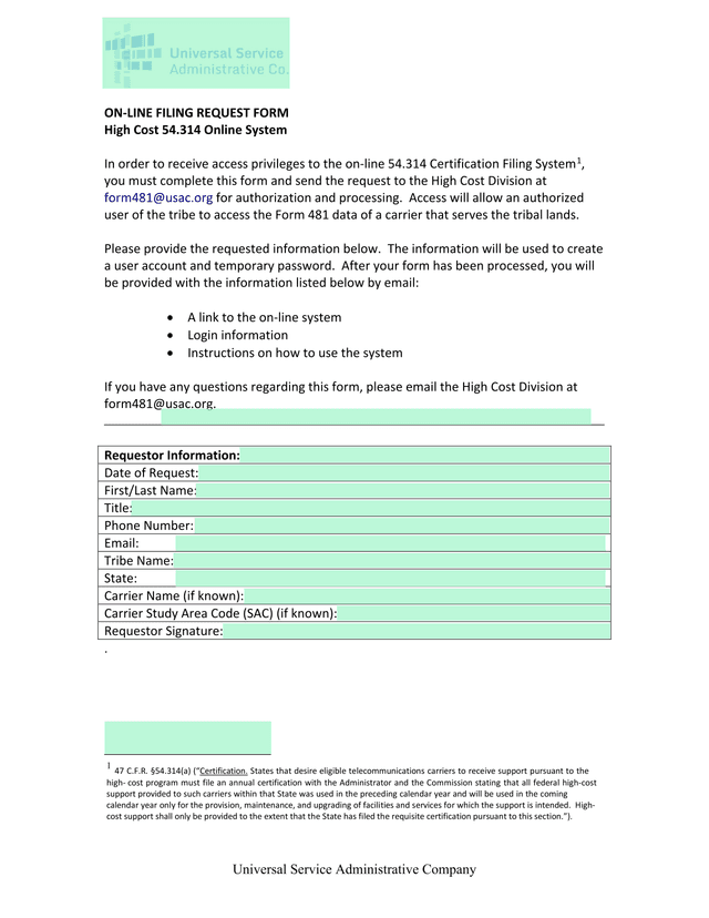 ON LINE FILING REQUEST FORM High Cost 54.314 Online System screenshot