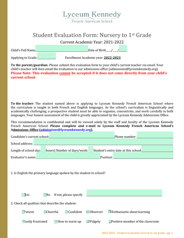 Student Evaluation Form N To 1st Grade screenshot