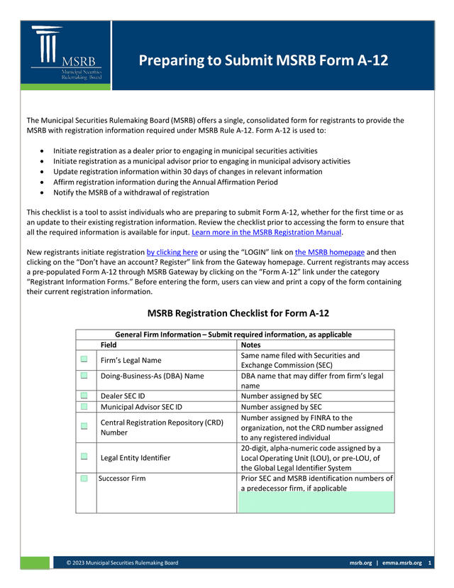 Form A 12 Registration Checklist screenshot