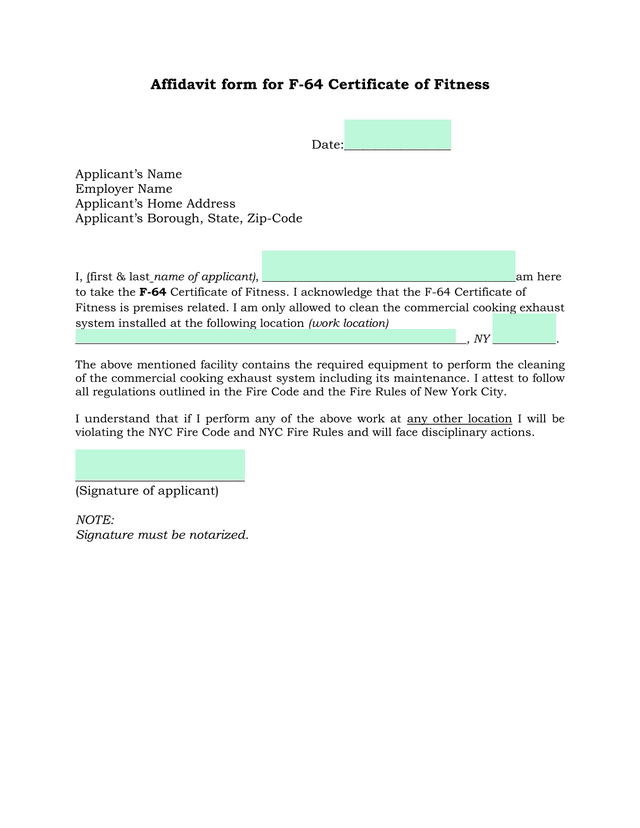 Affidavit Form For F 64 Certificate Of Fitness screenshot