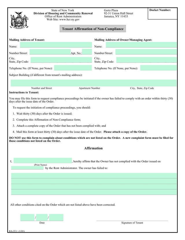 Tenant Affirmation Of Non Compliance screenshot