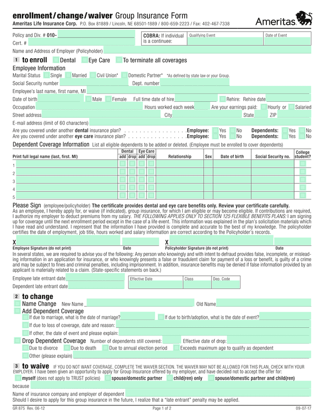 Enrollment  Change  Waiver Group Insurance Form screenshot
