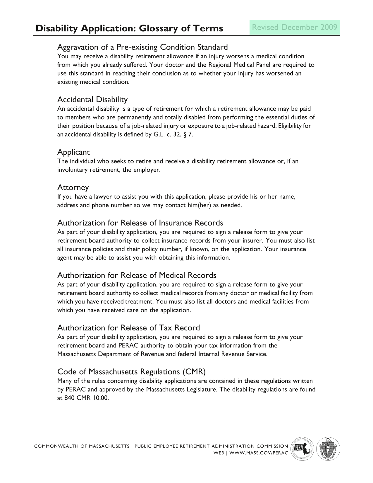 Disability Application Glossary Of Terms screenshot