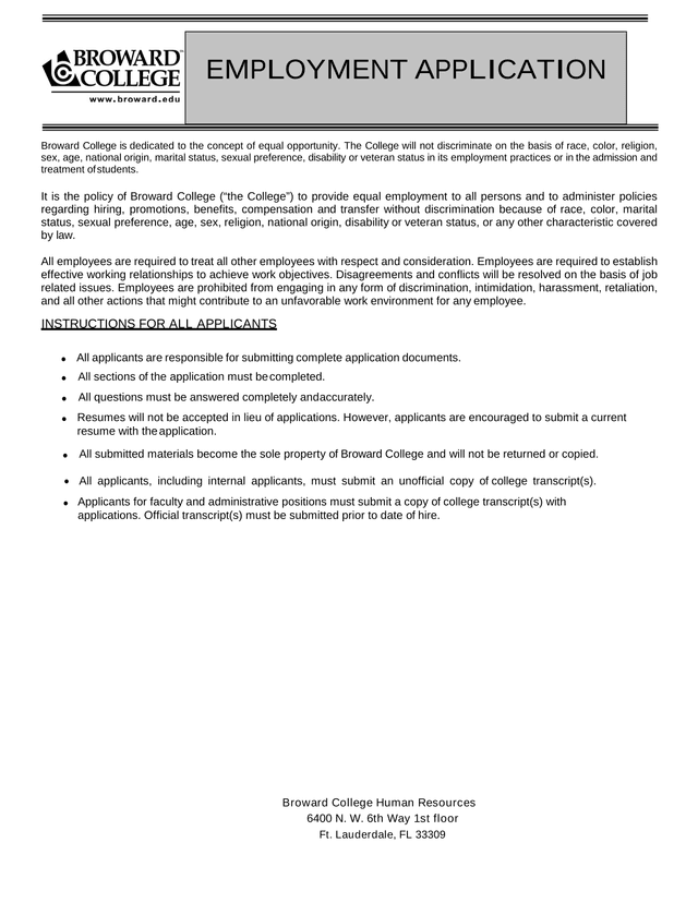 Broward College Employment Application screenshot