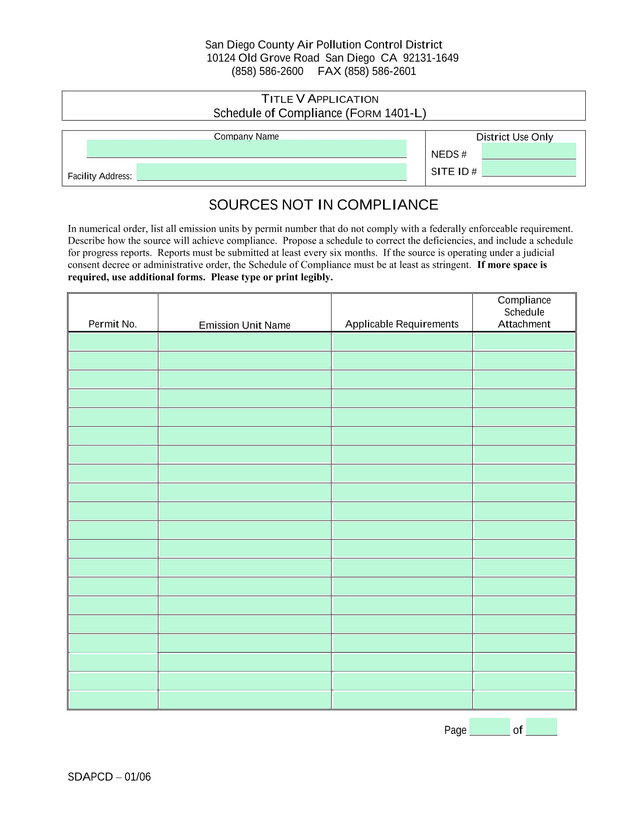 TITLE V APPLICATION   Schedule Of Compliance (FORM 1401 L) screenshot
