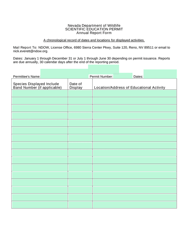 Nevada Department Of Wildlife Scientific Education Permit Annual Report Form screenshot