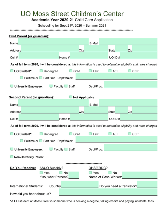 UO Moss Street ChildrenS Center Academic Year 2020 21 Child Care Application screenshot