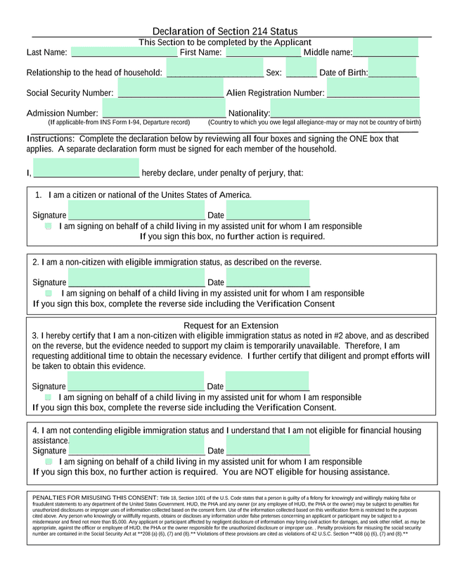 Declaration Of Section 214 Status screenshot