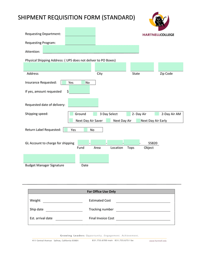 SHIPMENT REQUISITION FORM (STANDARD) screenshot
