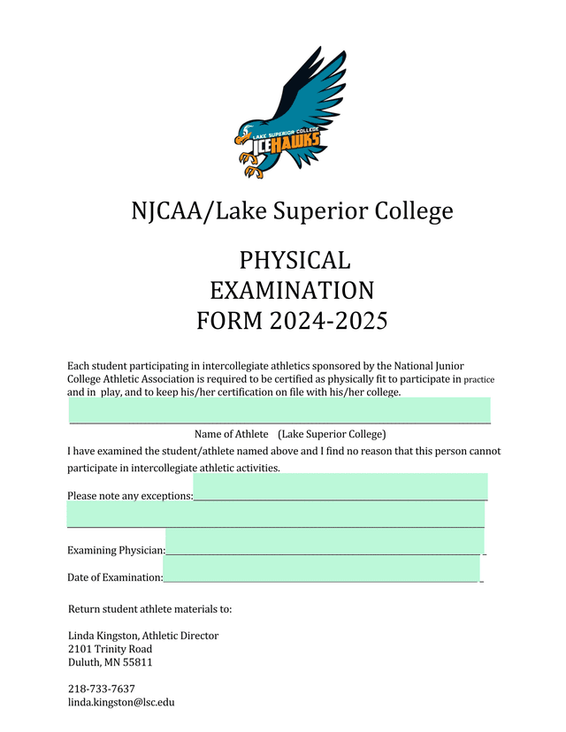 NJCAALake Superior College Physical Examination Form screenshot