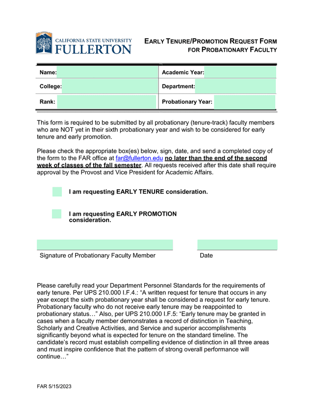 EARLY TENUREPROMOTION REQUEST FORM FOR PROBATIONARY FACULTY screenshot