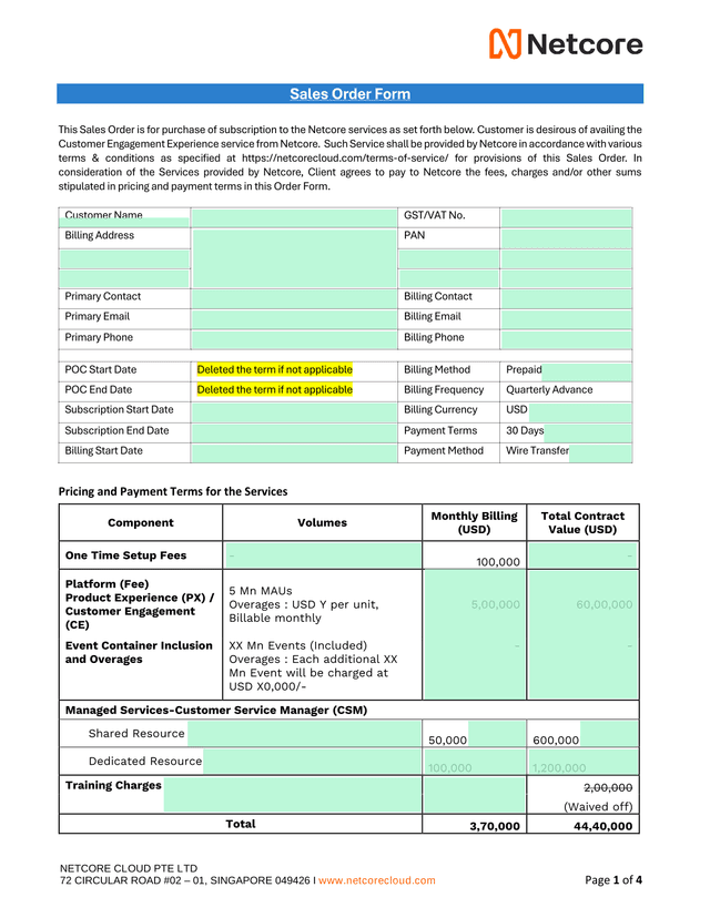 Sales Order Form screenshot