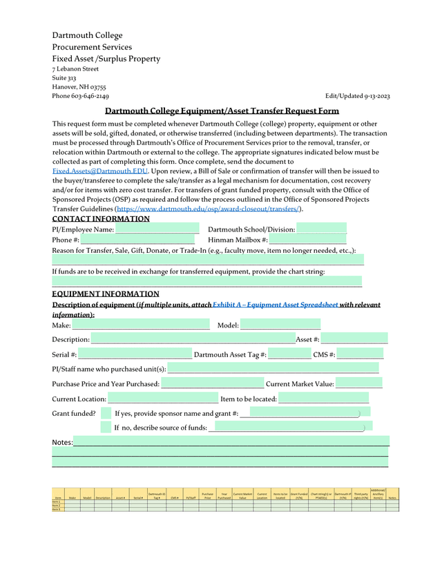 Dartmouth College EquipmentAsset Transfer Request Form screenshot