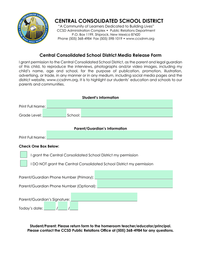 Central Consolidated School District Media Release Form screenshot