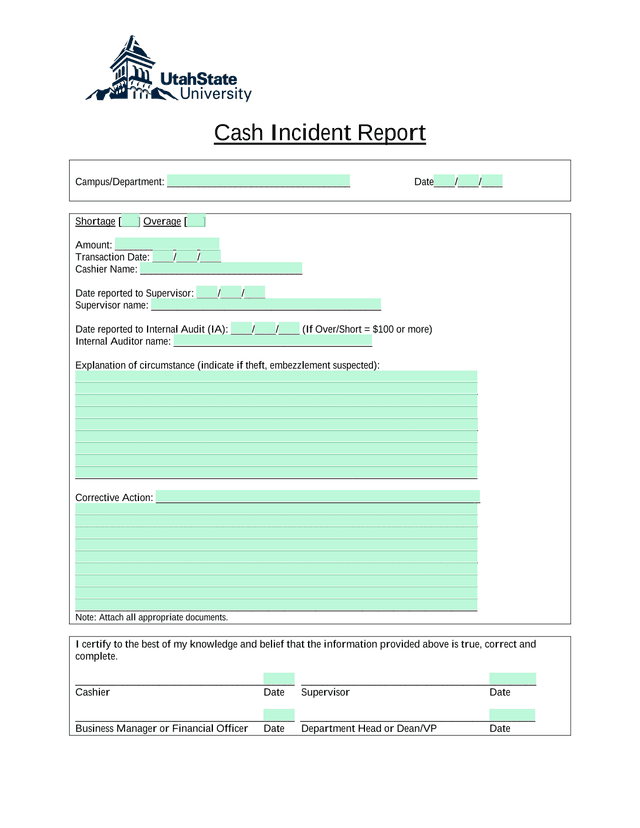 Cash Incident Report screenshot