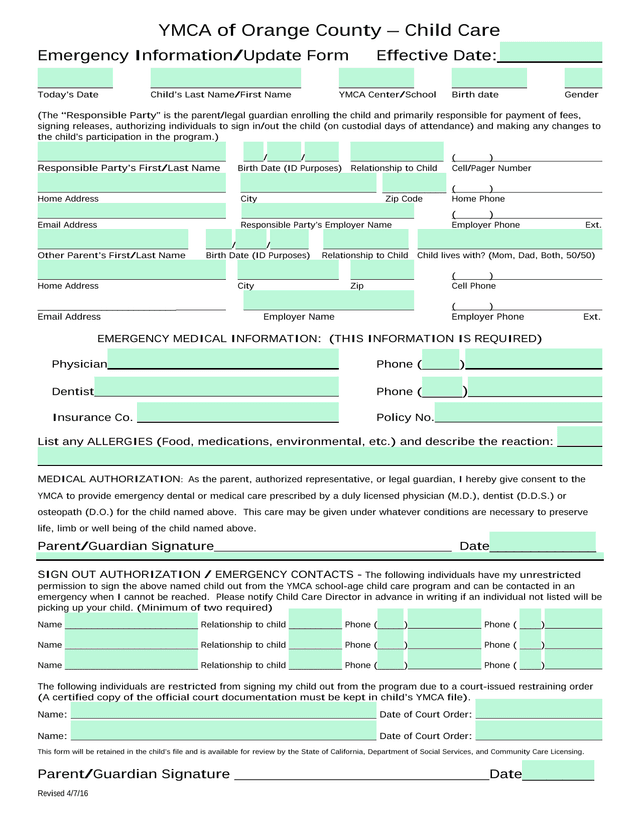 Emergency InformationUpdate Form screenshot