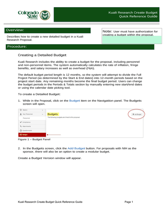 Kuali Research Create Budget Quick Reference Guide screenshot