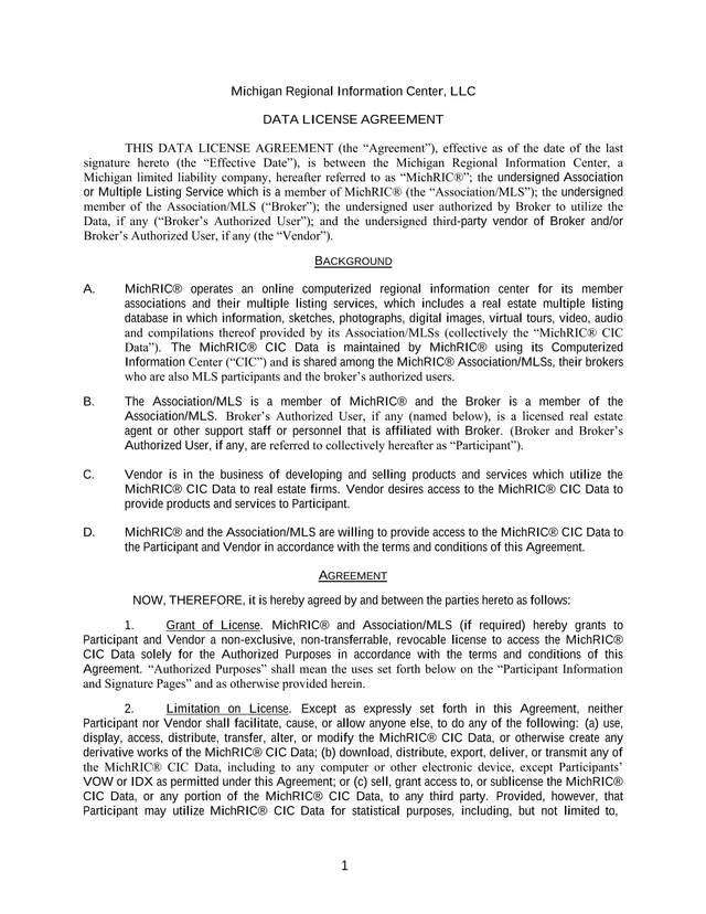 Michigan Regional Information Center, LLC DATA LICENSE AGREEMENT screenshot