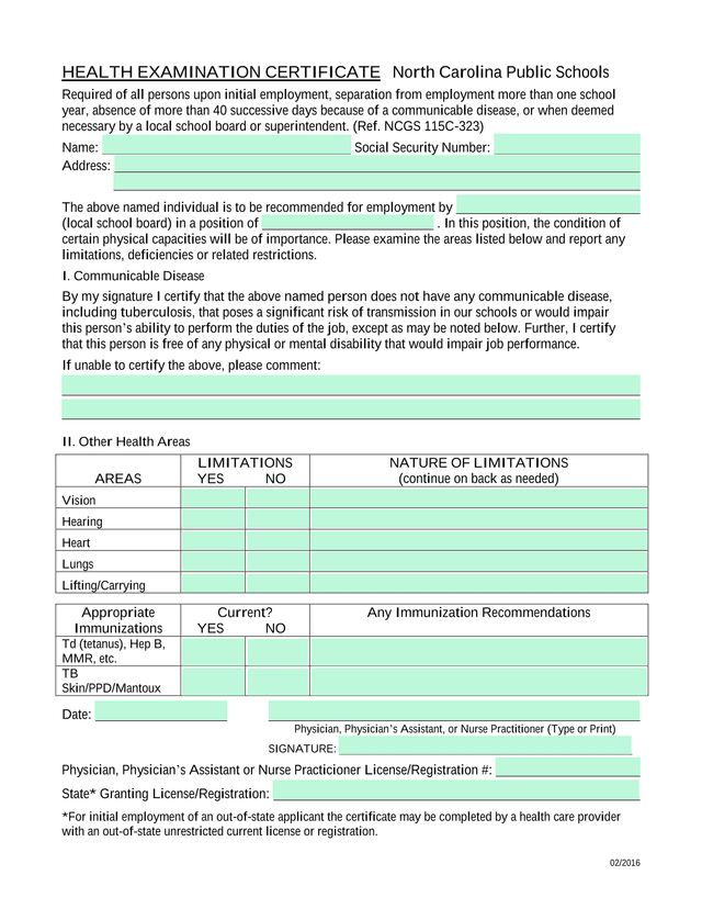 Health Examination Certificate North Carolina Public Schools screenshot