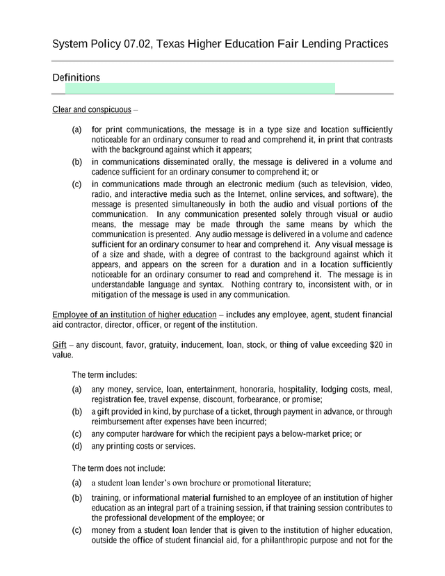 System Policy 07.02, Texas Higher Education Fair Lending Practices screenshot
