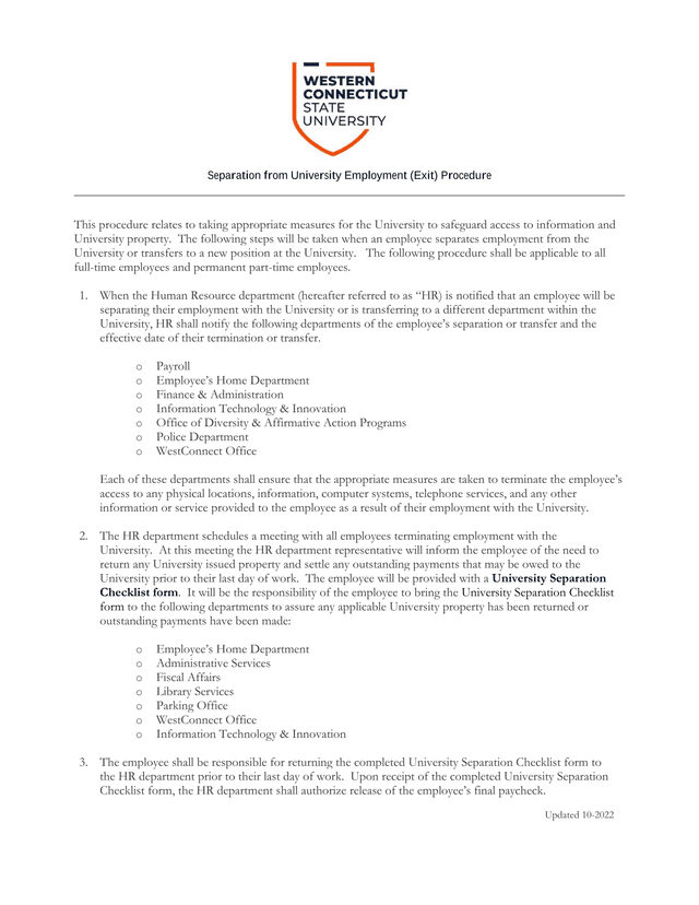 Separation From University Employment (Exit) Procedure screenshot