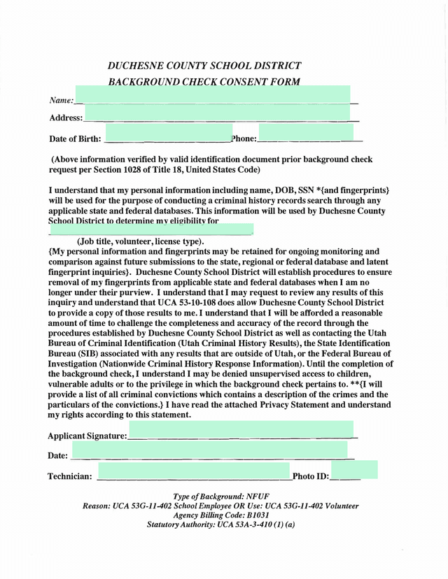 Duchesne County School District Background Check Consent Form screenshot