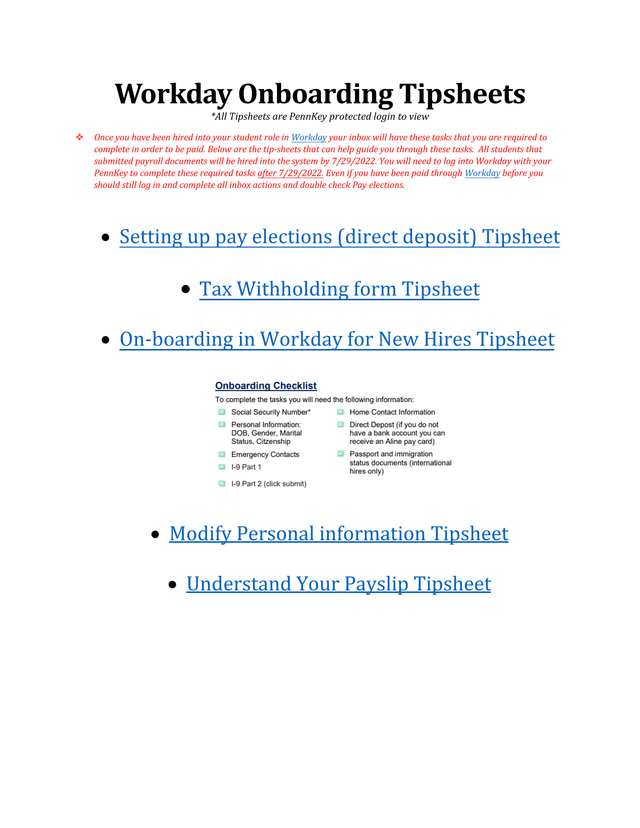 Workday Onboarding Tipsheets screenshot