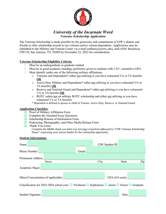 University Of The Incarnate Word Veterans Scholarship Application screenshot