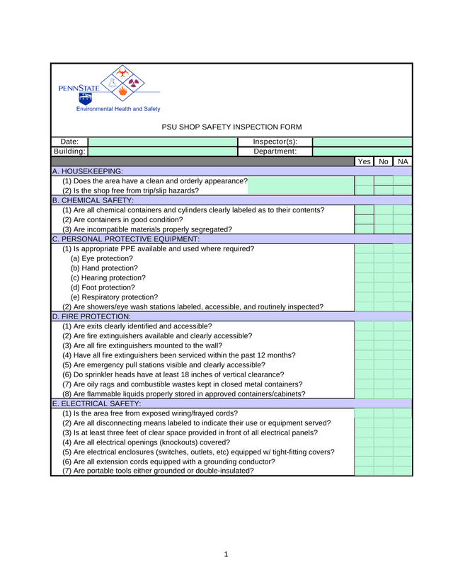 PSU SHOP SAFETY INSPECTION FORM screenshot