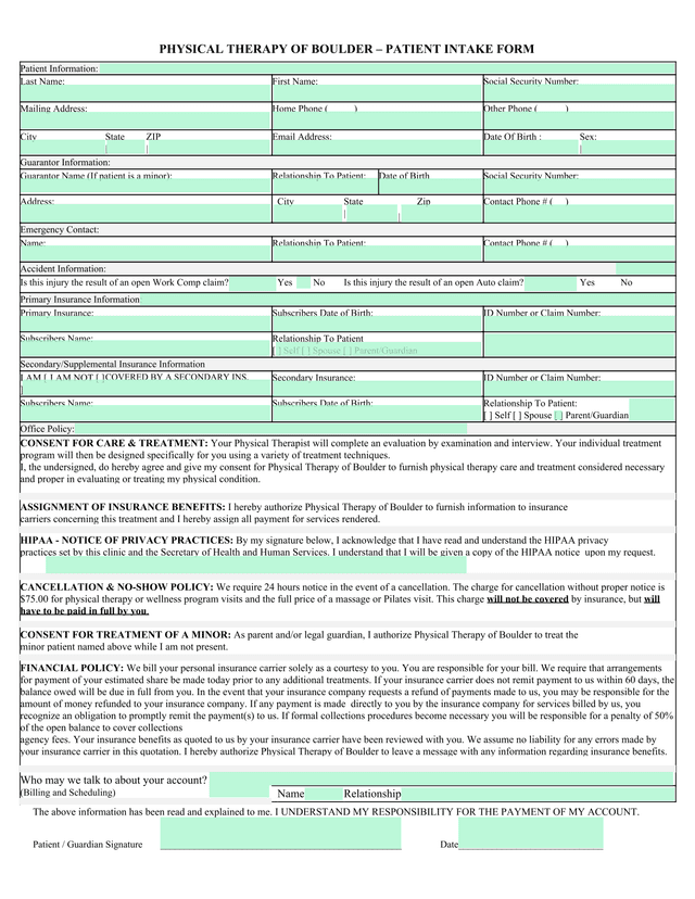 Physical Therapy Of Boulder  Patient Intake Form screenshot