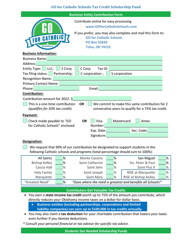 GO For Catholic Schools Tax Credit Scholarship Fund Business Entity Contribution Form screenshot